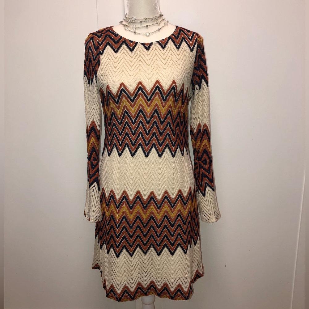 Boho Chevron Knit Long Sleeve Dress in Cream and Rust